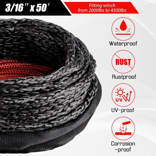 Synthetic Winch Rope-3/16 x 50ft 8,450LBS Winch Line with 4-7/8 Fairlead, Forged Winch Hook and Rubber Stopper, Protective Sleeve Synthetic Winch Cable for 4WD ATV UTV Offroad Vehicles Black