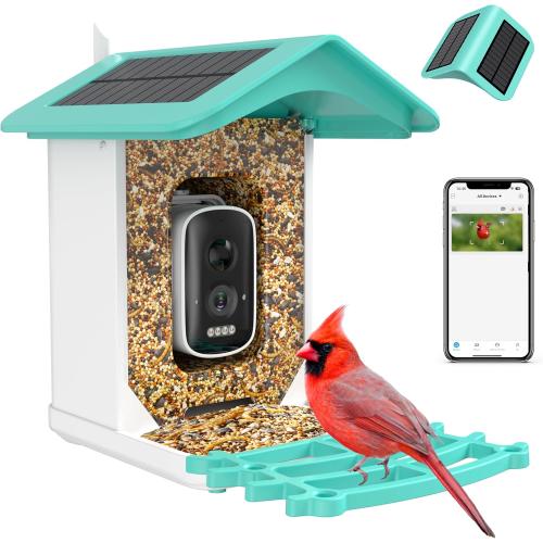 Color Blue Smart Bird Feeder Camera (Dual Panel), Solar Powered, Identify 11,000  Birds with AI, Auto Capture & Notify, 2K HD Footage, Outdoor Bird Watching, Ideal Gift for Birds Lovers.