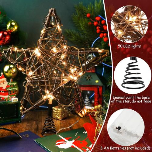 Christmas Star Tree Toppers Rattan Natural Xmas Tree Topper Lighted with 10 Inch 50led Warm White Lights, Rustic Star Treetop for Christmas Ornament Indoor Party Decoration