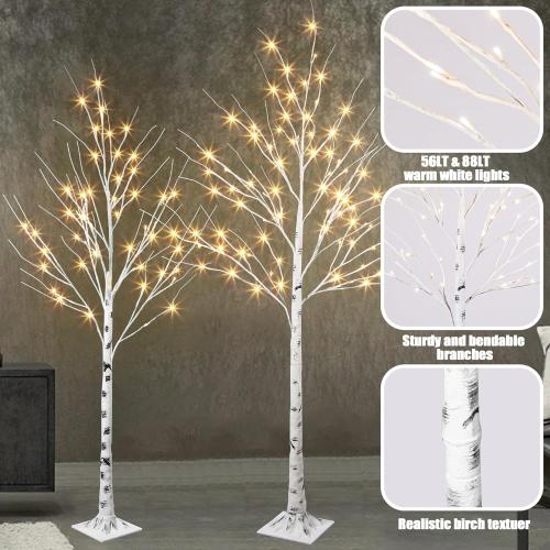 PEIDUO Set of 2 Lighted Birch Tree, Prelit White Christmas Tree, Light Up Artificial Trees with Dimmable & Timer, Twinkling Twig Tree with LED Lights for Home Decorations Outdoor Indoor Decor 5FT 6FT