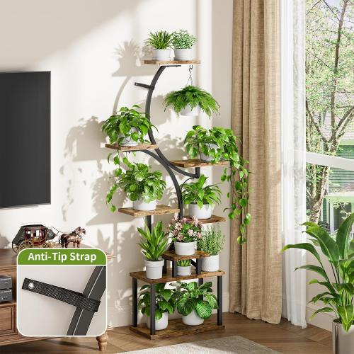 BACEKOLL Plant Stand Indoor with Grow Light, 8 Tier Corner Plant Shelf Tall | 62 Lighted Flower Holder for Plant Multiple, Space-Saving Beautiful Display Growing Rack for Home Patio, Sturdy Metal, Brown