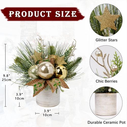 Hollyone Small Christmas Table Centerpiece 10' Artificial Mini Tabletop Christmas Potted Plant with Gold Ball Ornaments for Home Office Arrangement Centerpieces Indoor