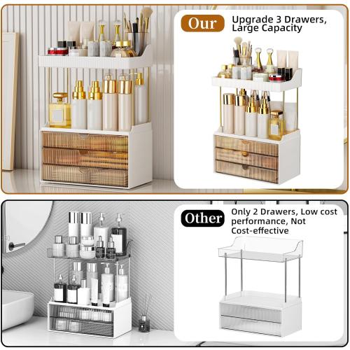 3 Large Drawers Makeup Organizer - 5 Tier Bathroom Counter Organizers and Storage, Versatile Perfume Vanity Organizer, Ideal for Cosmetic, Large Skincare, Face Mask, Office Supplies, Amber