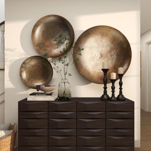 Deco 79 Metal Plate Home Wall Decor Large Metallic Disk Wall Sculpture, Set of 3 Wall Art 35, 29, 17D, Bronze