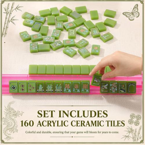 Arrowbash 160 Pcs American Mahjong Set 1.2 Inch Green Style Mahjong Tiles Set with Melamine Hand Carved Pattern for Adult Mah Jong Tabletop Games Mah Jong Lover Beginners