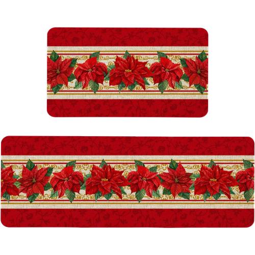 Red Poinsettia Flower Kitchen Rugs and Mats Set of 2, Winter Holiday Xmas Washable Non-Slip Floor Mats for Christmas Kitchen Decor - 17x29 and 17x47 Inch