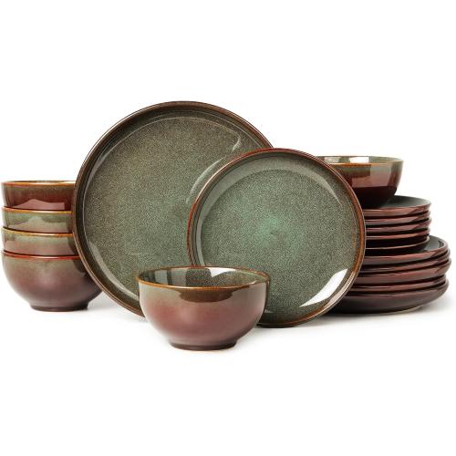 Stoneware Dinnerware Sets for 6, 18 Pieces Ceramic Plates and Bowls Sets, Chip and Scratch Resistant Dish Set, Dishwasher & Microwave Safe Plate Set, Brown Green