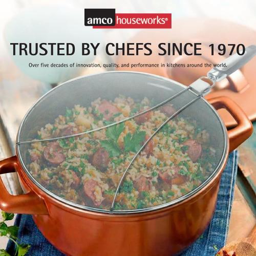 Amco 13 Splatter Screen with Foldable Handles - Stainless Steel Odor Absorber, Dishwasher Safe Versatile Kitchen Tool for Pans of All Sizes - Prevents Messy Splatters