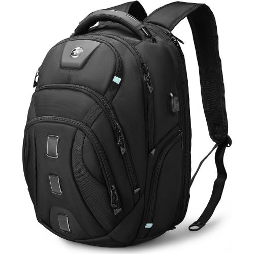 Swissdigital Design Tech Compact Slim Business Backpack for Men with Apple Find My, USB Charging Port, RFID Protection, TSA Friendly, Limited Fit for Thin 17 Inch Laptop, Black | SD1644FB-01