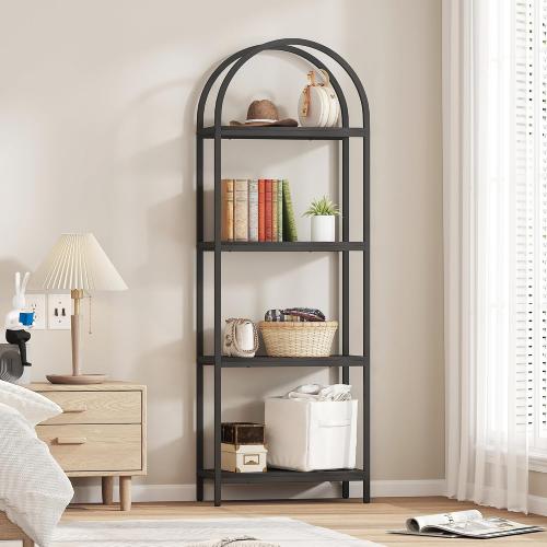 Yusong Bookshelf 4 Tier Arched Bookcase, 71.3 Tall Industrial Open Book Shelves for Living Room, Modern Freestanding Display Shelving Unit Storage Rack with Metal Frame, Office, Bedroom, Black