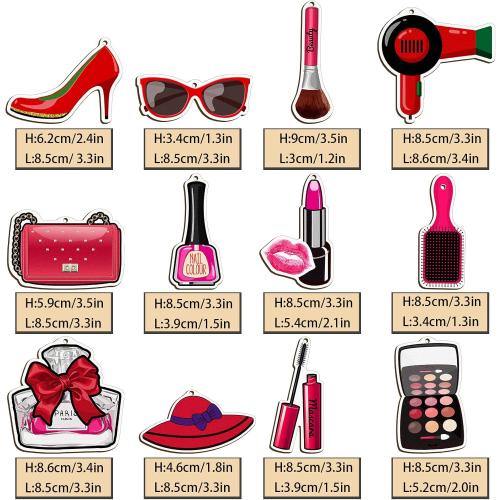 Blulu 12 Pieces Christmas Makeup Ornaments Wooden High Heels and Lipsticks Hair Salon Ornament for Christmas Tree Hanging Decor (Beauty Style)