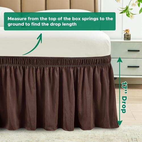 Biscaynebay Wrap Around Bed Skirts for Queen Beds 17 Long Drop, Brown*** Adjustable Elastic Dust Ruffles Easy Fit Wrinkle & Fade Resistant Silky Luxurious Fabric Solid Machine Washable Queen size