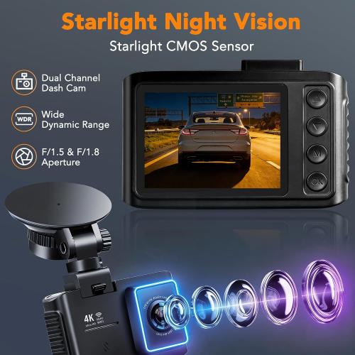 4K Dash Cam Front and Rear, STARVIS 2 Night Vision, Free 64GB Card, 5GHz WiFi with App, Built-in GPS, Dash Camera for Cars 170° Wide Angle, 3 IPS Screen, Loop Recording, 24H Parking Monitor