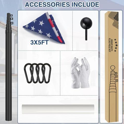 Black 16FT Telescoping Flag Pole Kit – 13 Gauge Black Aluminum for Outside House In-Ground Residential or Commercial Use, 80MPH Withstand, with Anti-Tangle Ring, Steel Clips, Nylon Flag