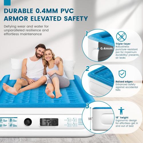 Luxury Air Mattress Queen with Built in Pump, 18'' High Double Blow Up Mattress, Self Inflating Air Bed with Flocked Top and Carry Bag, Durable Portable Airbed for Home Guest and Camping, Blue