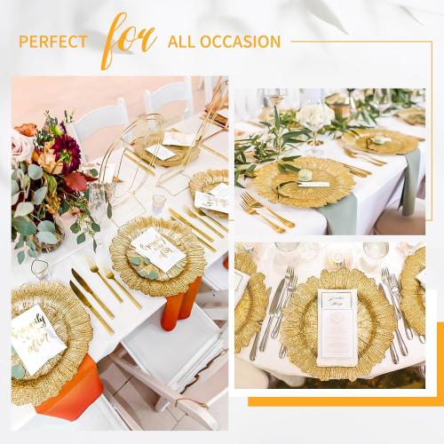 50 Pcs Gold Charger Plates Bulk, 13 Reef Plate Chargers for Dinner Plates, Plastic Floral Decorative Plates for Table Setting, Round Table Chargers for Wedding, Christmas, Party, Event, Decoration