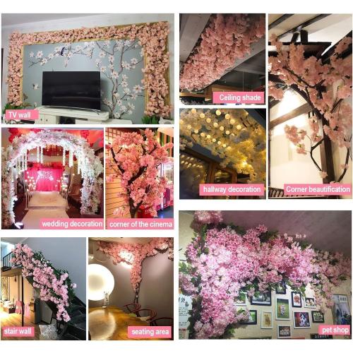Artificial Cherry Blossom Trees - Fake Flower Background Walls with Simulated Branch and Rattan Design - for Indoor Ceiling Air Conditioning Pipe Ornamental(Pink)