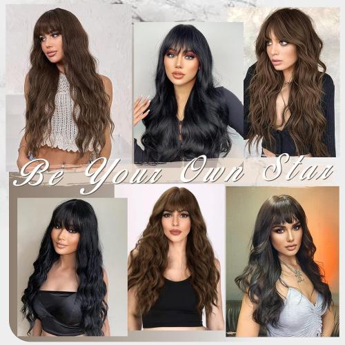 BARSDAR 26 Inch Long Wavy Dark Brown Bangs Wig Natural Looking Synthetic