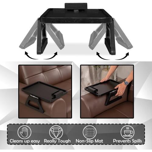 VICTORY RELAX Acacia Wood Arm Table (15.35 D x 9.8 W x 5.7 H), Couch Arm Tray for TV Dinners, Remote, Foldable Armrest Organizer, Rectangular Sofa Armrest Tray - Black