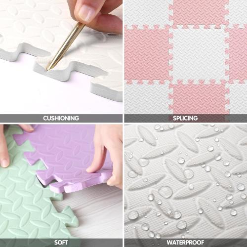 16 Tiles Foam Play Mat for Baby, Soft & Safe EVA Foam Mats for Floor, Square Baby Play Mat, Kids Foam Puzzle Floor Mat, Play Mat for Playpen(White/Loli Pink)