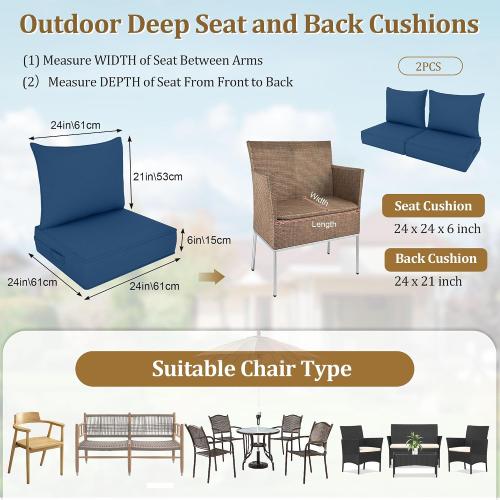 Outdoor Deep Seat Cushion Set, Fade Resistant Patio Chair Cushions, 24x24x6 Inch Patio Sofa Furniture Pad with Removable Cushion Covers (Navy Blue, 24''Lx24''Wx6''H-1pcs Set)