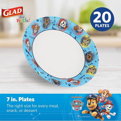 Glad for Kids Paw Patrol Paper Plates , Disposable Paw Patrol Plates for Kids , Heavy Duty Soak Proof Microwavable Paper Plates, Core Pups Blue 7 Inch Round Plates 20ct , Paw Patrol Birthday 3 Pack
