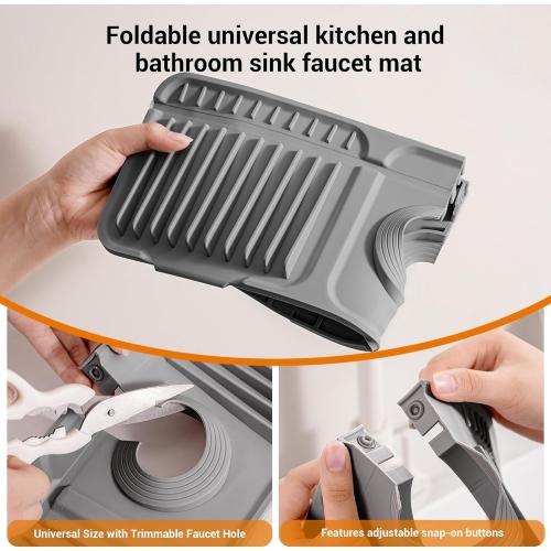 Faucet Mat for Kitchen Sink, 17.7X5.5 Silicone Sink Splash Guard with Soap Holder, Snap-On Design & 7°slope Fast Drain, Folding Sink Faucet Mat for Universal Kitchen Bathroom Sink（Grey）