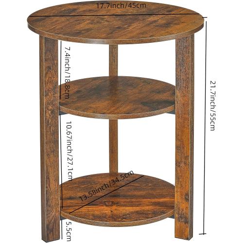 Farmhouse 3-Tier Round Side Table, 17.7*21.7inch End Table with Open Storage Shelf, Circular Nightstand Accent Table for Living Room, Bedroom,Wooden Table for Narrow and Small Spaces,Rustic Brown