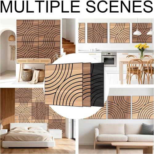 WoveN SounD Artisan Acoustic Wall Panels, 24x24 Inch 8 Pack, PVC Wood Grain Veneer Carved Sound Proof Wall Decor, Self-Adhesive for Home, Studio, Office & Focus Zones, Interlaced Arcs, Teak