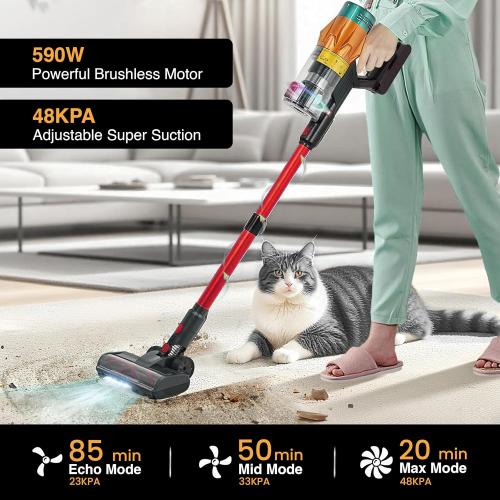 Cordless Vacuum Cleaners-48 KPa/580W with Upto 90Mins Runtime | Stick Vacuum Cleaner with 2 Hepa Filters-Wall Mounted-Touchscreen-Anti-Tangle Brush (UK Plug)