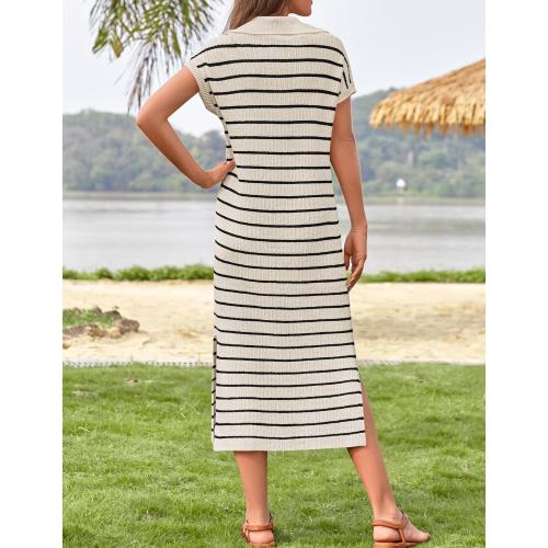 ZESICA Women's Summer Striped Midi Dress 2025 Casual Short Sleeve V Neck Loose Knitted Side Slit Long Sweater Dresses
