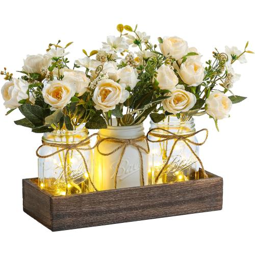 3 Pcs Mason Jar Centerpiece Table Decorations for Dining Table Decor Farmhouse Coffee Table Decor with Wood Tray and Led Light Table Centerpieces for Dining room Kitchen Living Bathroom,White