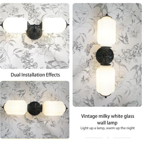 Vintage Milk Glass Bathroom Vanity Light - 2-Light Wall Sconce with Brass Finish Base & Green Glass Shade - Wall Sconce Lighting for Mirror, Kitchen, Living Room, Gallery (Bulbs Included) (white)