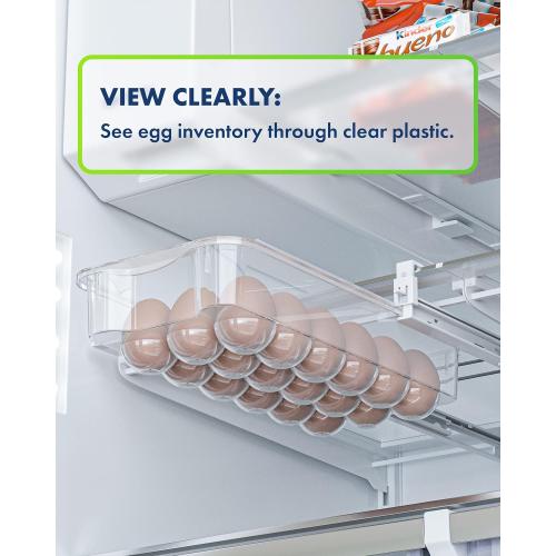 Skywin TidyFriend Refrigerator Egg Drawer 14x7.5x3.95 – Snap-On Egg Holder with Pull-Out Drawer, Holds 18 Eggs, Fits Flat Fridge Shelves 14.1–16.3 in Long and 0.93–1.32 in Thick