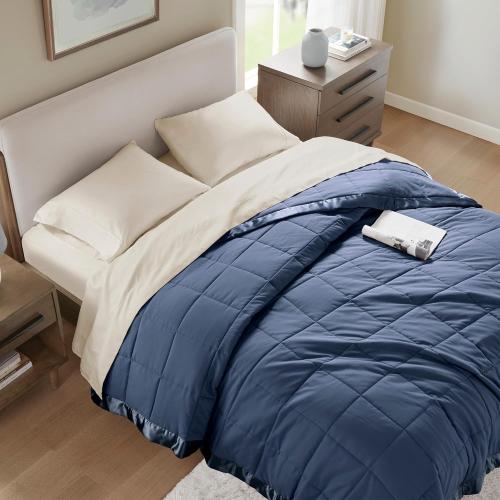 Full/Queen Madison Park Windom Down Alternative Blanket, Premium 3M Scotchgard Moisture Wicking Treatment, Lightweight and Soft Bed Cover For All Season, Satin Trim, Navy