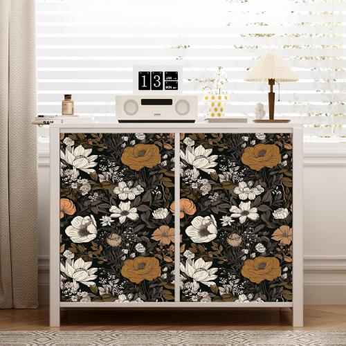 Vintage Floral Peel and Stick Wallpaper Dark Boho Botanical Removable Wallpaper for Renters Thick Waterproof Self Adhesive for Bedroom Bathroom Contact Paper for Home Decor (Black&Golden,15.7x118)