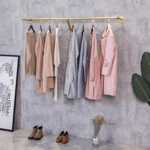 Industrial Pipe Wall Mounted Clothes Hanging Shelves System,Metal Clothing Towel Rack,Garment Rack Perfect for Retail Display,Closet Organization (Gold, 71 L x 11.8 D)