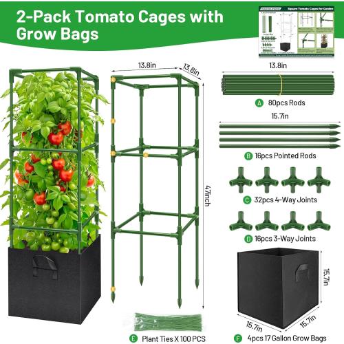 Legigo 4 Pack Tomato Cages with 17 Gallon Grow Bags- 47 Inch Square Tomato Cages for Garden, Heavy-Duty Tomato Stakes Plant Support Cages Trellis for Garden Vertical Climbing Plants Vegetables