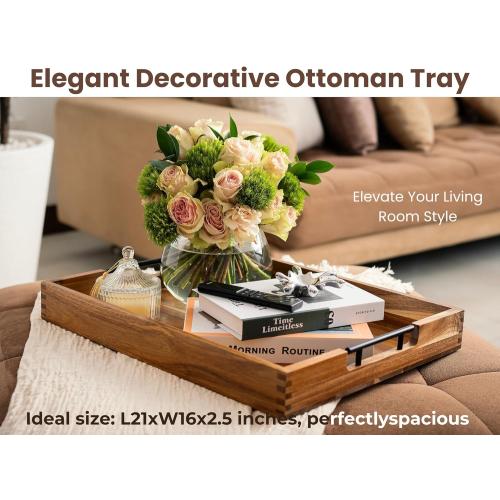 Acacia Wooden Ottoman Tray for Living Room & 6 Coasters Set – 21 Large Coffee Table Serving Tray with Handles, Perfect for Food, Drinks, Kitchen, and Home Decor