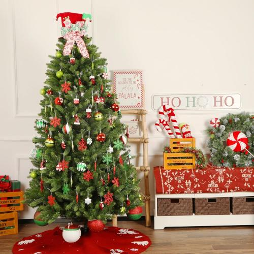 SHareconn 2025 Classic Christmas Balls Ornaments Set, Elf Boots Theme Shatterproof Plastic Decorative Hanging Baubles Bulk for Xmas Tree Decor/Holiday/Party/Wedding, Red Green & White