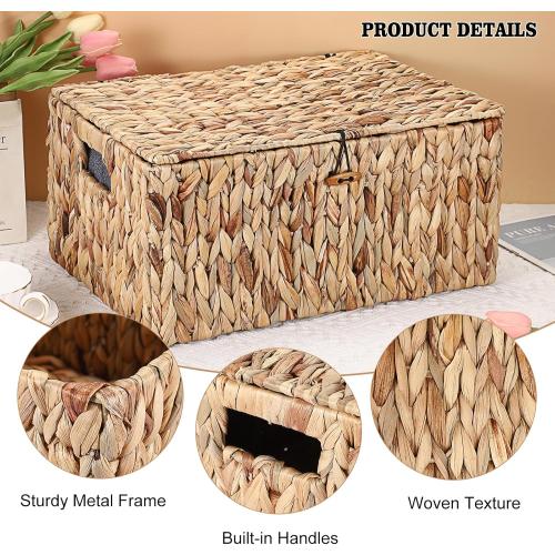 Hipiwe Wicker Storage Bins with Lid, X-Large Handwoven Water Hyacinth Wicker Baskets Rectangular Decorative Shelf Baskets Bin Built-in Handles Household Basket Boxes for Shelf Home Organizing