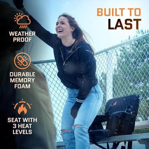 Heated Stadium Seats for Bleachers with Back Support – USB Battery Included - Upgraded 3 Levels of Heat - Foldable Chair - Cushioned, 4 Pockets for Snacks, Cup Holder - for Camping, Games & Sports