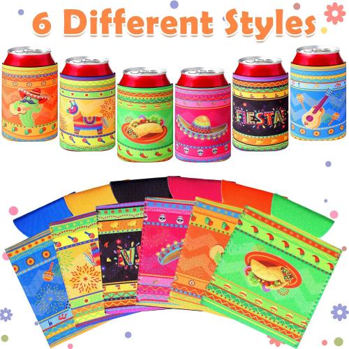 Shellwei 24 Pcs Mexican Party Favors Fiesta Can Cooler Sleeves,Novel | Cinco De Mayo Beer Can Cooler, Fits 12 oz Cans Bottles, Insulated Drink Holder, for Tacos Tequila Birthday Party Supplies