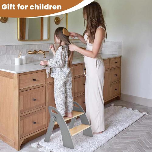 Wooden Step Stool, Two Step Stools, 300 lb. Load Capacity, with Safety Non-Slip Pads and Handles, Bamboo Step Stool for Bathroom and Kitchen, Children's Christmas Gift (Grizzly)