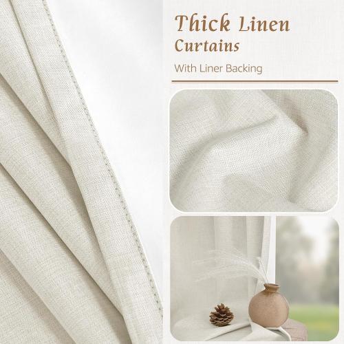 LAMIT 100% Blackout Natural Linen Curtains, 63 Inches Linen Textured Thermal Bedroom Curtains Back Tab and Rod Pocket Neutral Panels with White Liner for Farmhouse, , 52 x 63 Inch, Ivory
