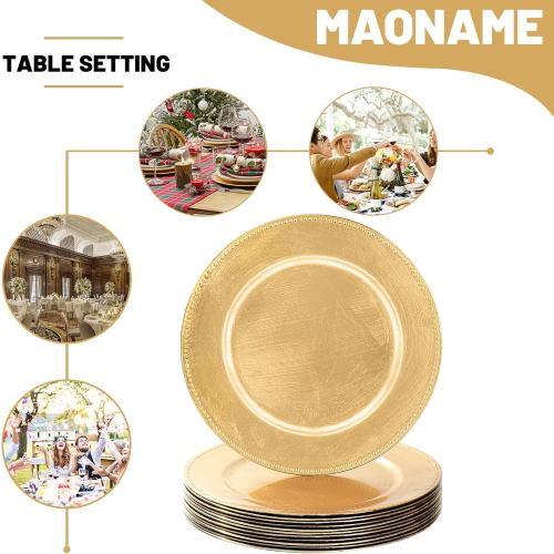 MAONAME Gold Charger Plates Set of 12, Foil 13 Plate Chargers with Beaded, Plastic Round Chargers for Dinner Plates, Table Setting