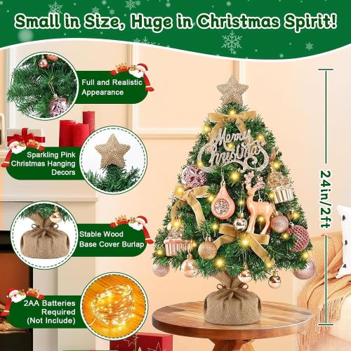 Livole 2 FT Small Christmas Tree, Mini Christmas Tree with Lights, Mini Tabletop Full Xmas Trees with 35 PCS Pink Ornaments, Merry Christmas, Xmas Tree for Table DIY Christmas Decor