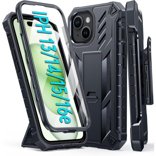 FNTCASE for iPhone 15 Phone Case: for iPhone 14 & 13 & 16e Case Military Shockproof Protective Rugged Cell Phone Cover with Kickstand & Belt-Clip Holster, Heavy Duty Hard Cases 5G - 6.1 Inch Black