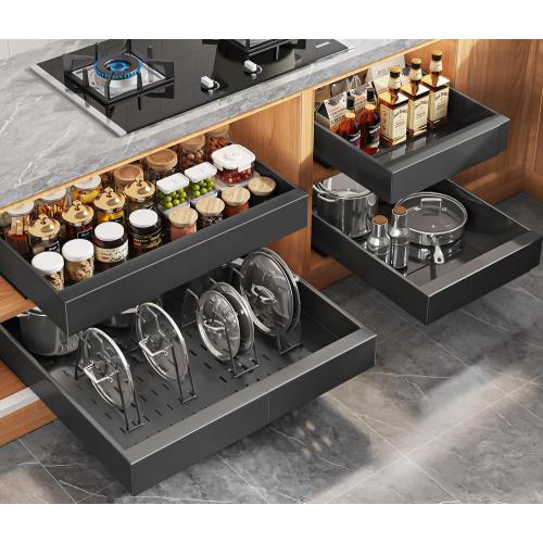 4Pack Expandable Pull Out Cabinet Organizer 21Deep With Raising Pad for Framed Cabinets,Slide Out Drawers with 4pcs Divider Racks,Roll Out Shelves Adhesive,Adjustable Width 12.05-20.4Black