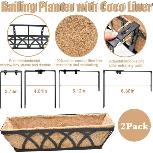 Flat Railing Planter Window Box 2 Pack 24 Horse Trough Planter with Coco Fiber Liner Metal Window Planters Box Deck Balcony Rail Planters for Outdoor Porch Fence Patio